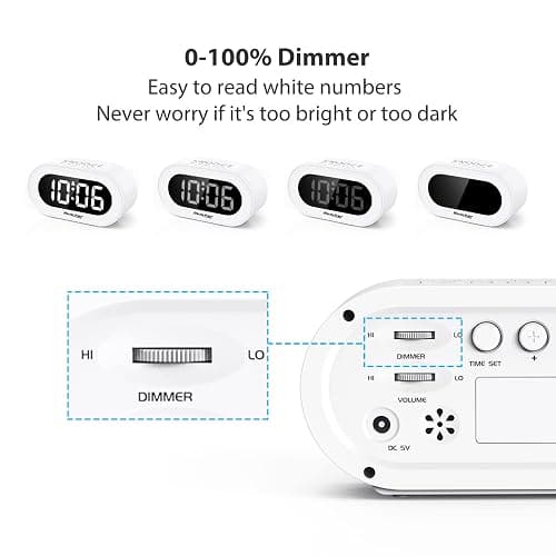 REACHER Small LED Digital Alarm Clock with Snooze, Simple to Operate, Full Range Brightness Dimmer, Adjustable Alarm Volume, Outlet Powered Compact Clock for Bedrooms, Bedside, Desk, Shelf(White) thumbnail 5