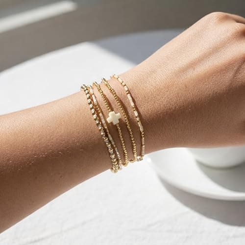 EQUBIO 14K Gold Plated Beaded Cross Bracelet Set for Women, 5Pcs Dainty Stackable Layered Bracelets, Hypoallergenic Non Tarnish Adjustable Chain, Y2K Jewelry Christian Easter Gifts for Friendship thumbnail 2