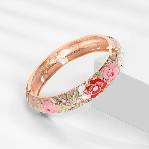 UJOY Enamel Bracelets Pack of 5 Colorful Cloisonne Rose Gold Flower Engraved Bangles for Women Jewelry Gift Pack in a Box 5PCS thumbnail 4