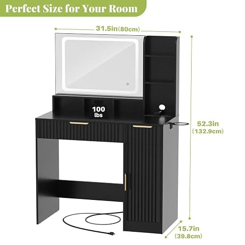 Cyclysio Fluted Vanity Desk with Mirror and Lights, Wood Makeup Vanity Desk with Power Strips, Modern Dressing Table with Drawers & Cabinet for Bedroom, Black thumbnail 2