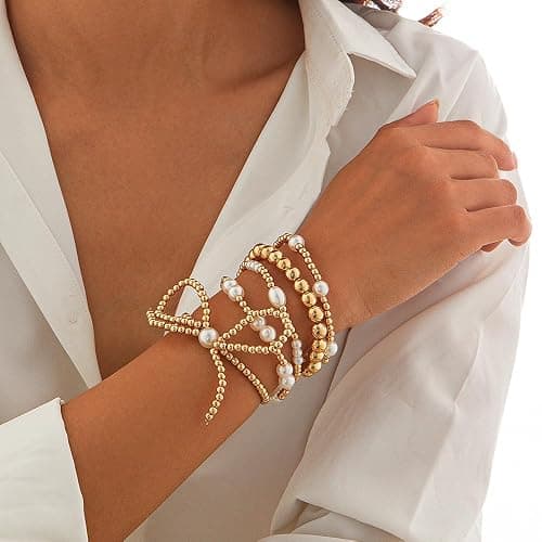 NIQIPOK Gold Bow Bracelet for Women Gold Beaded Bracelet Pearl Bead Bracelet Stackable Stretch Bead Ball Bracelet Gold Statement Jewelry Accessories thumbnail 5