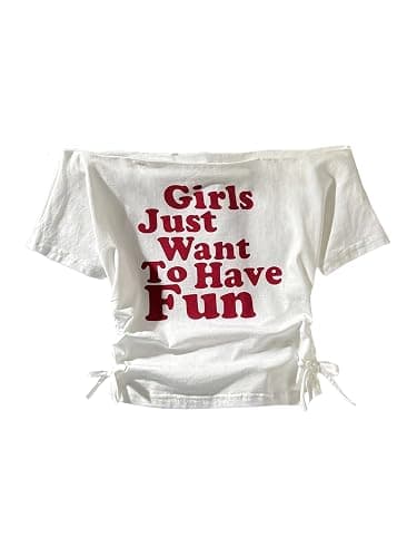 RoseSeek Girl's Off The Shoulder Letter Graphic Tees Short Sleeve Ruched Bowknot T Shirts Cute Crop Tops - Image 1