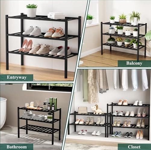 Smiry Shoe Rack, 3 Tier Bamboo Shoe Organizer, Stackable Free Standing Wooden Shoe Storage Shelf for Closet, Entryway, Front Door Entrance, Black thumbnail 7