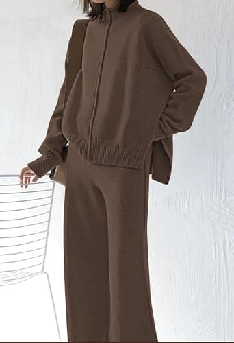 Viottiset Women's 2 Piece Outfits Sweater Set Wide Leg Pants High Neck Sweatsuit Loungewear thumbnail 4