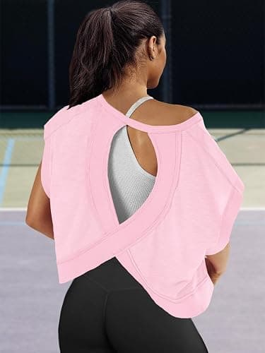 Panadila Womens Open Back Workout Tops Oversized Tshirts | Short Sleeve Tee, Backless Shirt, Athletic Layer, Crop, Gym Clothes, Pilate Dance Wear, Yoga thumbnail 3