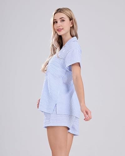 codcm Womens Striped Pajama Set Cute Heart Pjs Sleepwear Short Sleeve Shirt and Shorts Set thumbnail 6