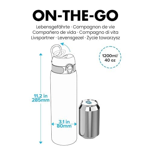 ION8 Gourde Inox Léger 1 Litre, Non Isolé, Anti-Fuite, Facile à Ouvrir, Verrouillage Sécurisé, Lavable au Lave-Vaisselle, Poignée de Transport, Acier Inoxydable, 1200ml, Bleu thumbnail 2