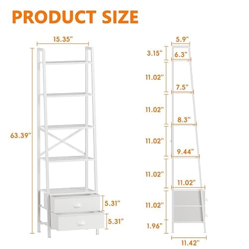 Furologee 5-Tier Ladder Shelf with 2 Drawers,Narrow Bookshelf Storage Shelves,Industrial Bookcase Freestanding Rack Units for Bedroom,Living Room,Bathroom,Home Office,Balcony,Wood Metal, White thumbnail 3