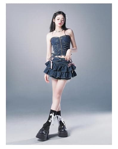 Y2K Women Ruffle Hem Blue Jean Pleated Mini Skirt - Denim Bustier Top Suit - Skirt - Small thumbnail 4