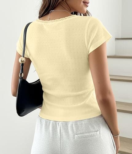 KIGRAD Women Y2k Lace Trim Scoop Neck Short Sleeve Henley Baby Tee Shirts Button Front Preppy Pointelle Fitted Crop Tops thumbnail 5