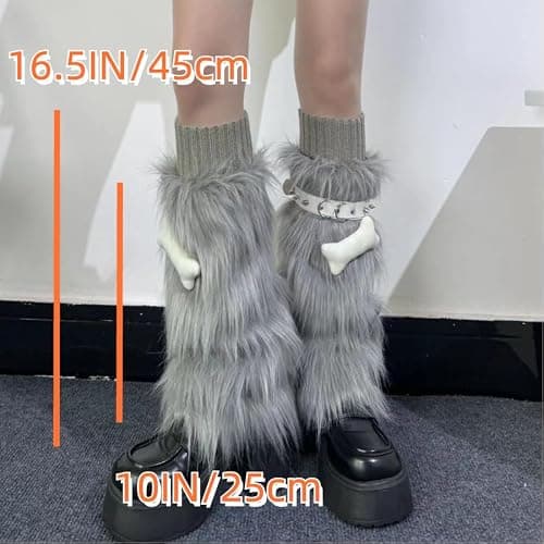 CHERSE Furry Leg Warmers for Women 3in1 Kawaii Star Bone Plush Y2K Leg Socks Pink Lolita Faux Fur 80s Harajuku Punk Gothic thumbnail 2