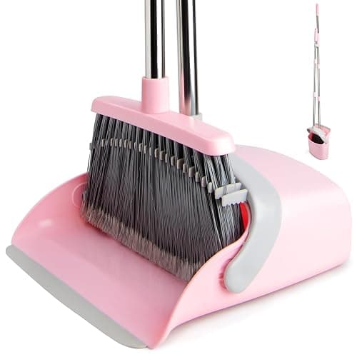 XXFLOWER Long Handle Dustpan and Brush Sets, Broom and Dustpan Set with Comb Teeth, Sweeping Brush Set for Indoor Kitchen Lobby Office Sweeping Pet Dog Hair, Household Cleaning Supplies(Gray Pink) - Image 1