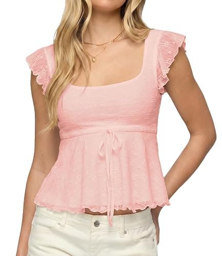 KIGRAD Women Boho Floral Mesh Layered Ruffle Peplum Crop Tank Tops Y2k Tie Front Cap Sleeve Lettuce Babydoll Cami Shirts thumbnail 2