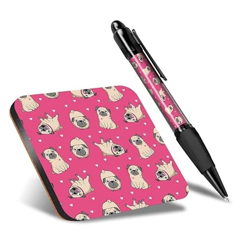 DV DESIGN 1 x Eco Square Coaster & 1 Pen Set - Adorable Pink Pug Puppies Animal Pets Drink Cup Mug Glass Table Protection Mat #8493 - Image 1