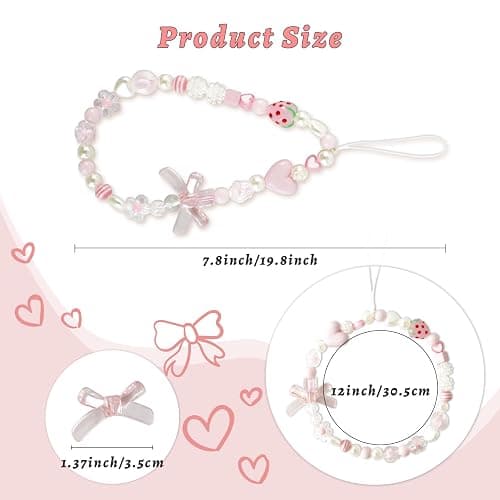 Xyulaan Pink Beaded Phone Wrist Straps, Y2K Phone Case Charms Camera Charm Strap, Lanyard Keychain Wristlet Aesthetic Cellphone Charm thumbnail 5