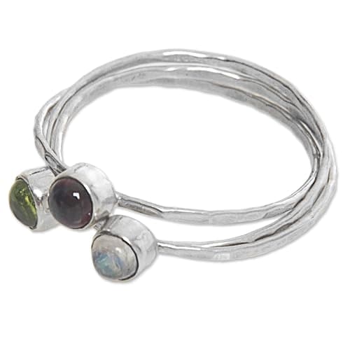 NOVICA Artisan Handmade Multigemstone Cocktail Ring Balinese Garnet Peridot Rainbow Moonstone .925 Sterling Silver Indonesia Modern Birthstone 'Memorable Trio' thumbnail 2
