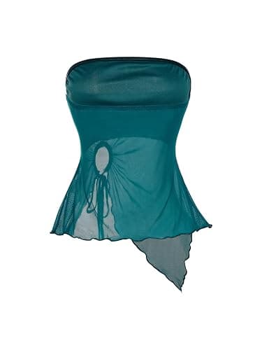 SOLY HUX Women's Mesh Drawstring Split Tube Top Strapless Sleeveless Asymmetrical Hem Summer Tops thumbnail 3