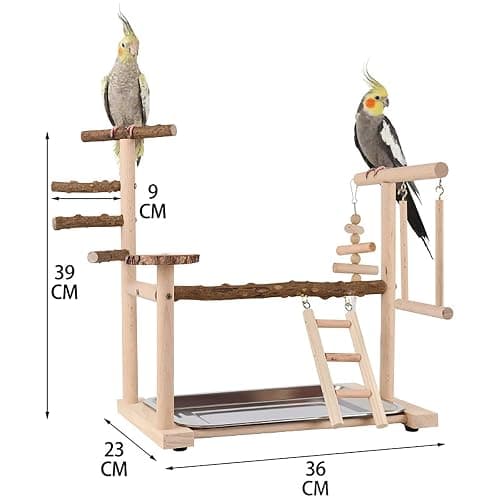 RoseFlower Wooden Bird Playground, Parrot Playstand with Perches, Ladder, Swing, Feeder Cups, Tray for Conure, Parakeets, Budgie, Cockatiels, Lovebirds, #4 thumbnail 3
