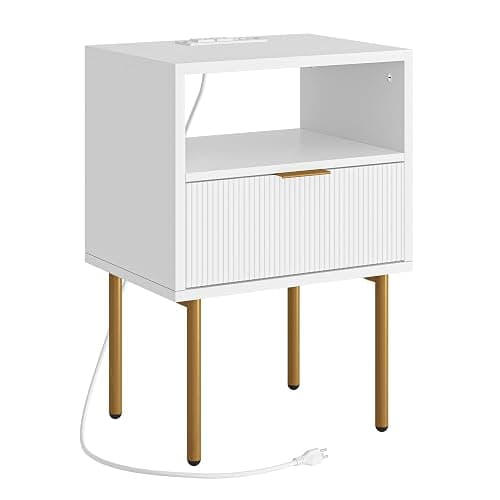 AEPOALUA Nightstand with Charging Station,Morden Bedside Table with Gold Frame,Small White Night Stand,End Table,Bedside Furniture,Side Table with Drawer and Shelf for Bedroom,Living Room thumbnail 9