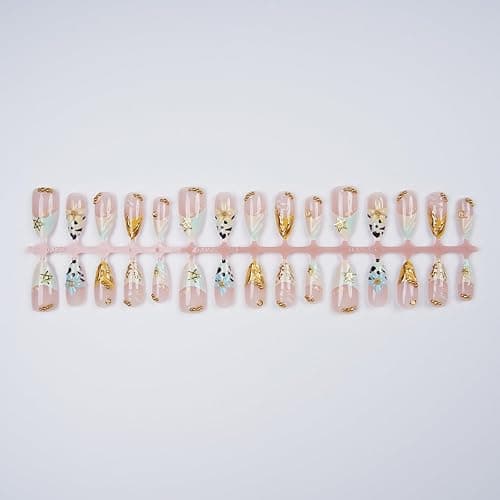 30pcs French Tip Press on Nails Medium Almond Fake Nails with 3D Floral Gold Star Pearl Design Summer False Nails Flower Acrylic Nails Full Cover Glue on Nails for Women Nail Decorations thumbnail 6