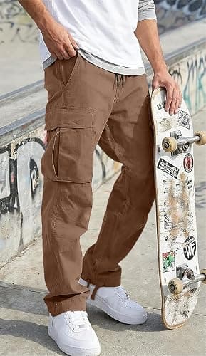 HUNGSON Mens Cargo Pants Drawstring Casual Hiking Pants Joggers Athletic Trousers Cotton Loose Straight Sweatpants for Men thumbnail 3