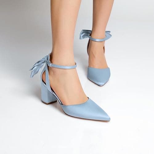 RIBONGZ Wedding Bridal Shoes for Women Chunky Block Heel Pumps Closed Pointed Toe Heels with Elegant Bow Knot Comfort Evening Party Prom Office Shoes thumbnail 6