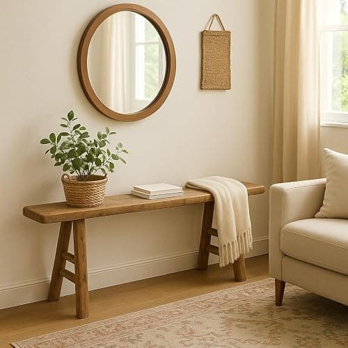 Artissance Handmade Wooden Entryway Bench, Vintage Noodle Bench for Living Room, Bedroom, or Entryway, End of Bed Bench, Weathered Natural Wood Bench Indoor Farmhouse Decor thumbnail 2