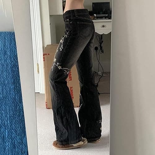 Women Y2k Bootcut Jeans Wide Leg Flared Denim Pants Low Rise Stretch Bell Bottom Baggy Trousers thumbnail 4