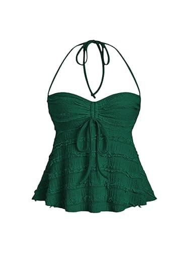 SOLY HUX Women's Peplum Halter Crop Tops Y2K Drawstring Tie Ruched Dressy Casual Spaghetti Strap Cami Top - Small - Dark Green