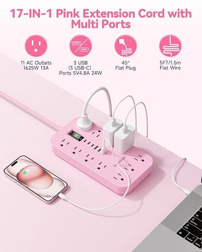 Pink Extension Cord with Multiple Outlets- 5 FT Kawaii Power Strip, Cute Extension Cord with 11 AC Outlet 6 USB (24W/4.8A), Charging Station for Cute Pink Kawaii Desk Home Room Decor Essentials Gifts thumbnail 3