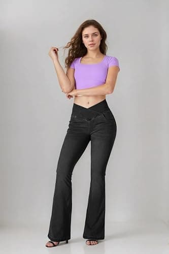 BlueRose Flare Jean Leggings for Women,Bell Bottom Jeans for Women Knit Crossover High Waisted Bootcut Jean thumbnail 5