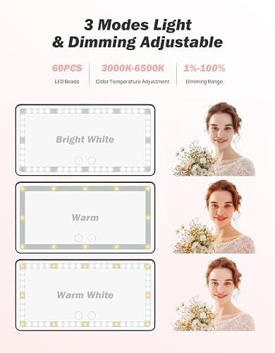 JOYTUTUS Car Sun Visor Vanity Mirror with Lights, 3 Light Modes & 60 LEDs, Rechargeable Dimmable Touch Control Travel Makeup Mirror for Truck SUV thumbnail 2