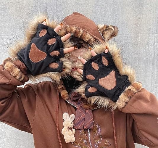 PURFUN Fuzzy Faux Fur Paw Gloves, Men Women Halloween Costume Bear Cat Claw Mittens Winter Warm Plush Half Finger Gloves thumbnail 7
