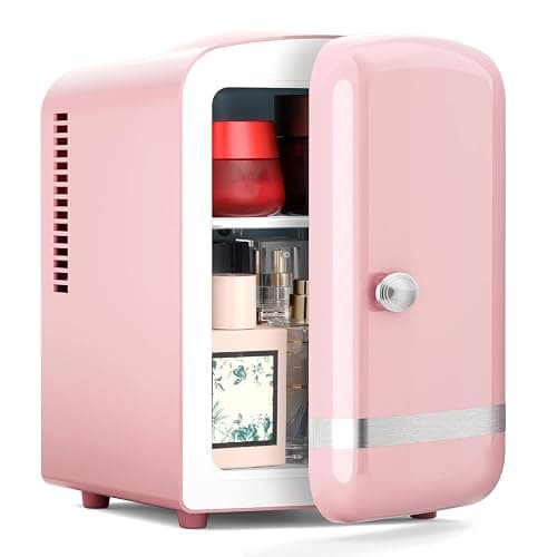 Xbeauty Retro Mini Fridge, Compact Refrigerator with 4L Capacity/6 Cans,Cooler & Warmer, Removable Shelf for Skincare, Beverages, Cosmetics, Perfect for Dorm, Bedroom, Pink - Image 1