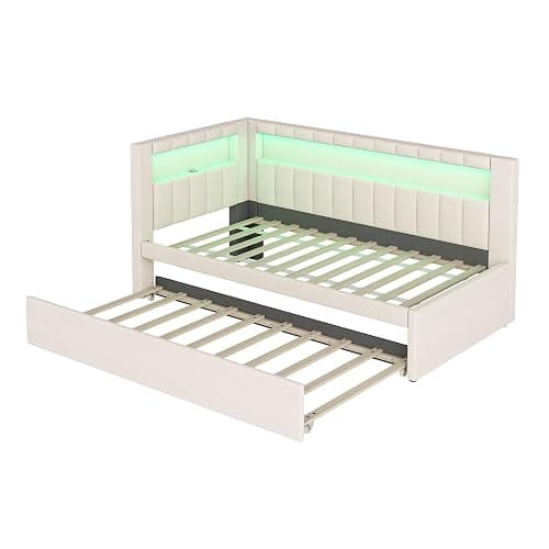 MKABAK Twin Size Daybed with Trundle and L-Shaped Bookshelf Headboard, Linen Upholstered Soft Corner Bed with Storage Shelves, Charging Station and LED Belt for Kids Boys Girls, White thumbnail 9