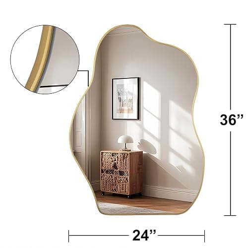 Irregular Asymmetrical Wall Mirror, 36x24 Inch Gold Bathroom Mirror | HD Tempered Glass, Decorative Wall Mirror Golden Wood Framed Mirror for Bathroom Living Room Entryway Bedroom Hallway thumbnail 2