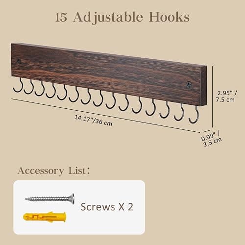Lolalet Wooden Necklace Holder for Wall with 15 Hooks, Necklaces Hanger Easy Install Wall Mount Necklace Organizer, Jewelry Hangers for Chains, Bracelets, Earrings -Brown thumbnail 3