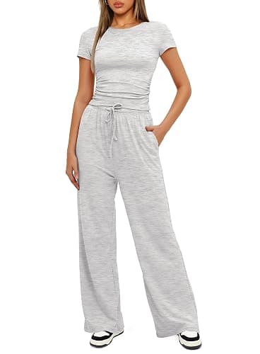 Darong Women's 2 Piece Set Outfits Lounge Sets Ruched Short Sleeve Tops High Waisted Wide Leg Pants Tracksuit Sets thumbnail 3