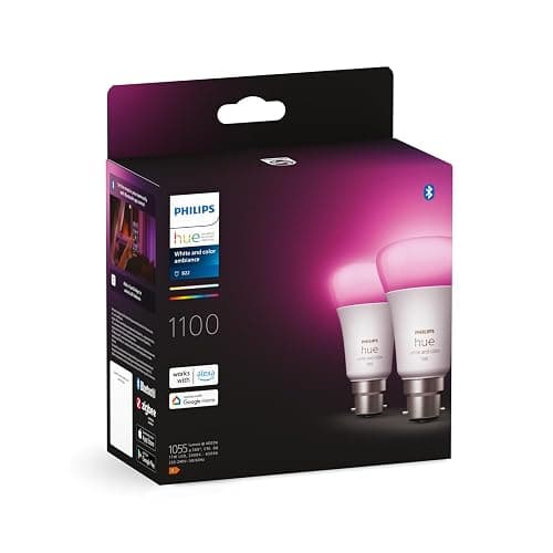 Philips Hue White & Colour Ambiance Smart Bulb Twin Pack LED [B22 Bayonet Cap] - 1100 Lumens (75W Equivalent). Works with Alexa, Google Assistant and Apple Homekit, 2 Count (Pack of 1) thumbnail 2