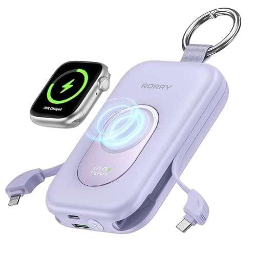 RORRY Portable Charger, 20000mAh PD 30W Portable Charger Power Bank with 2 Built-in Cables, Super Fast Charging Battery Pack with Keychain, Travel Essentials for iPhone, Apple Watch, iPad, Mulberry - Image 1