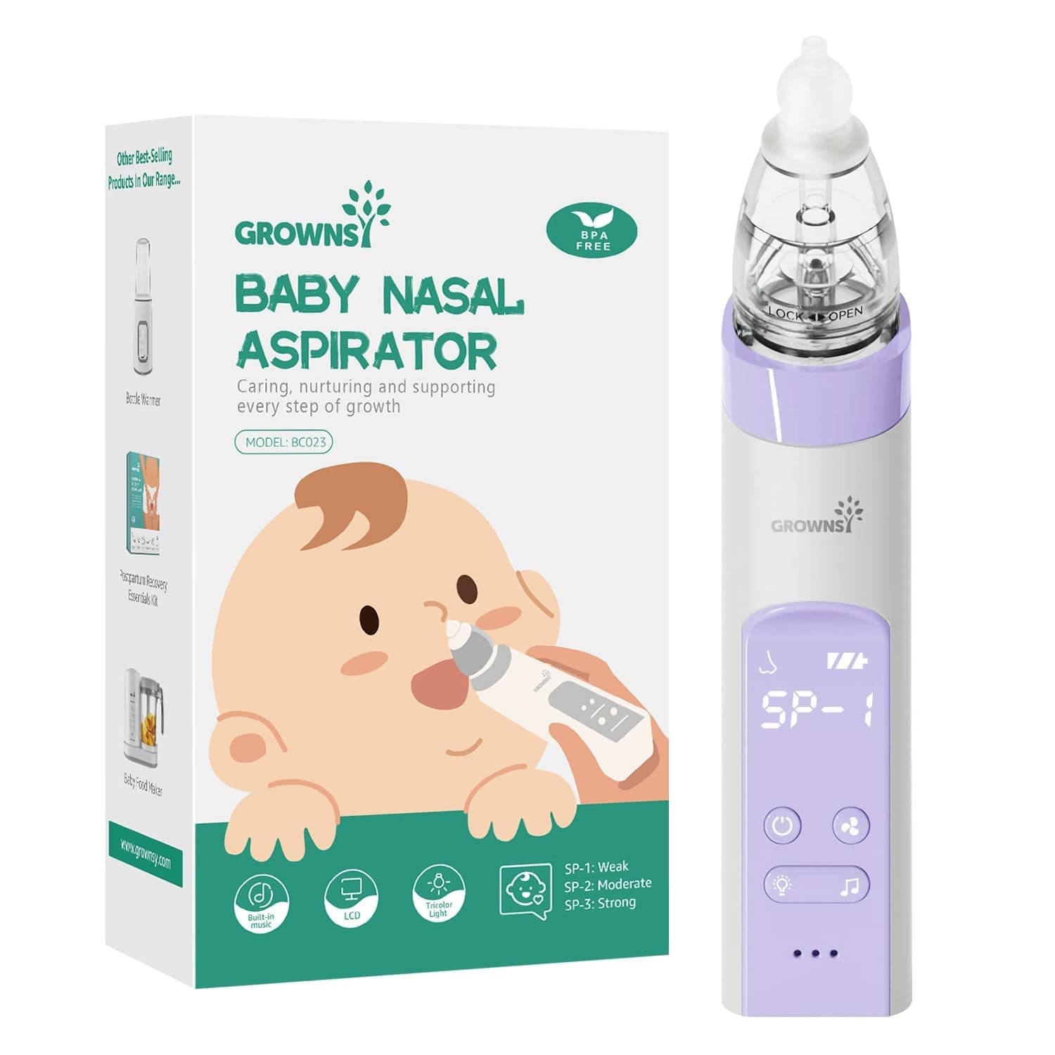 Grownsy Nasal Aspirator for Baby, Electric Nose Aspirator for Toddler, Baby Nose Sucker, Automatic Nose Cleaner with 3 Silicone Tips, Adjustable Suction Level, Music and Light Soothing Function - Image 1