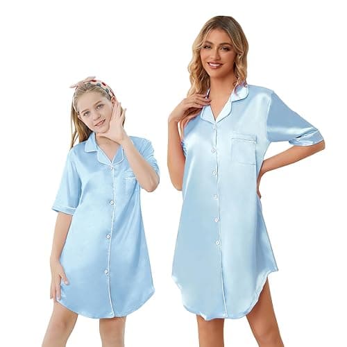 Schbbbta Girls & Women Silk Nightgown, Short Sleeve Button Down Satin Nightshirt Pajama House Dress, 3 Years- Women 2XL - 4-5T - A Light Blue