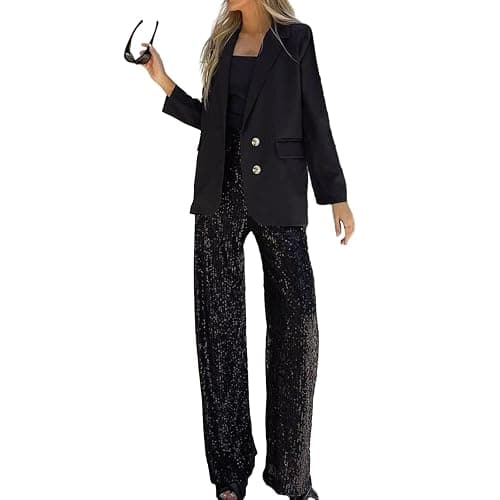 Women Sequin Flared Trousers High Waisted Sparkly Wide Leg Trousers Party Clubwear Shiny Bell Bottom Pants thumbnail 4
