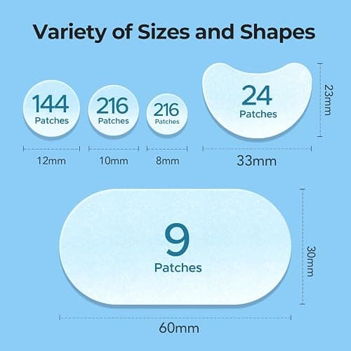 TKTK 609 Count Pimple Patches for Face, Hydrocolloid Acne Cover Patch Bulk | Pimple Stickers for Cheeks, Forehead, Chin Blemishes Zit & Breakouts, All Skin Types, Dots, Strips, Contoured 5 Sizes Variety thumbnail 4