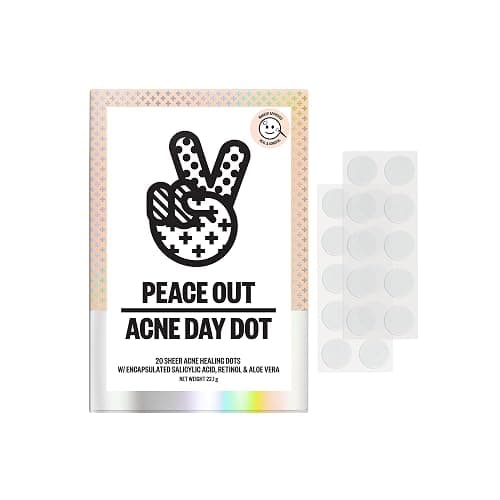 PEACE OUT Acne Day Dot, Sheer Acne Healing Dots, Virtually Invisible Wear, Hydrocolloid Pimple Patches Helps Clear Blemishes Quickly with Encapsulated Salicylic Acid, Retinol & Aloe Vera, 20 dots - Image 1