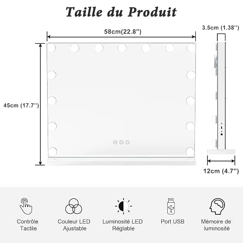 Dripex Miroir Maquillage Hollywood - 15 Ampoules LED, Lumineux 3 Modes, Luminosité Réglable, Contrôle Tactile, Port USB, Miroir Coiffeuse sur Table/sur Mur 58 x 45cm - Blanc thumbnail 5