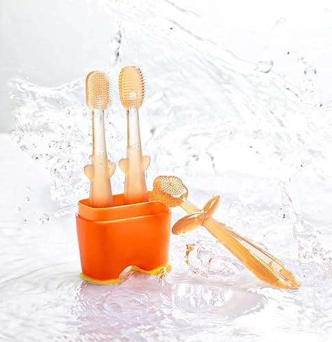 FOKiiBO Baby Silicone Toothbrush Set, Toothbrush + Tongue Brush + Baby Teether + Finger Toothbrush with Cup for Training Teething, 0-18M Infant Toddler Newborn Baby Teeth Brushes (Blue) thumbnail 8