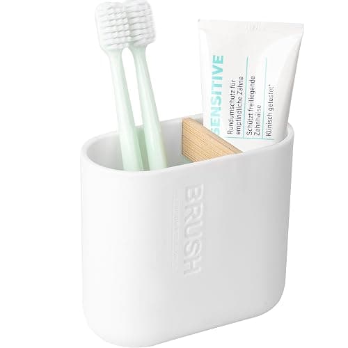 Toothbrush Holders Bamboo Electric Toothbrush Holder Bathroom Storage Organizer Countertop for Toothpaste, Floss, Razor, White - Image 1