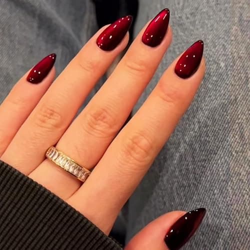 KQueenest Dark Red Press on Nails Cat Eye, Burgundy Glitter Press on Nails Almond Medium, Sparkly Shiny Fake Nails Set, Cute Bling Glue on Nails Medium for Women Christmas, Gothic Design, 30 Pcs thumbnail 2