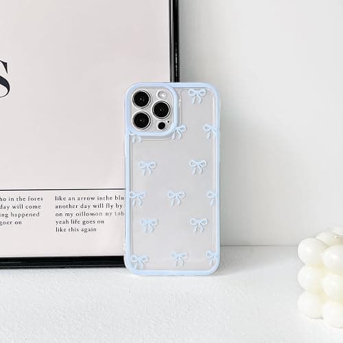 NITITOP Compatible with iPhone 13 Pro Case Cute Clear Durable Ribbon Bowknot Pattern for Girls Women Soft TPU Transparent Full Camera Lens Shockproof Protective Phone Cover - Blue thumbnail 4